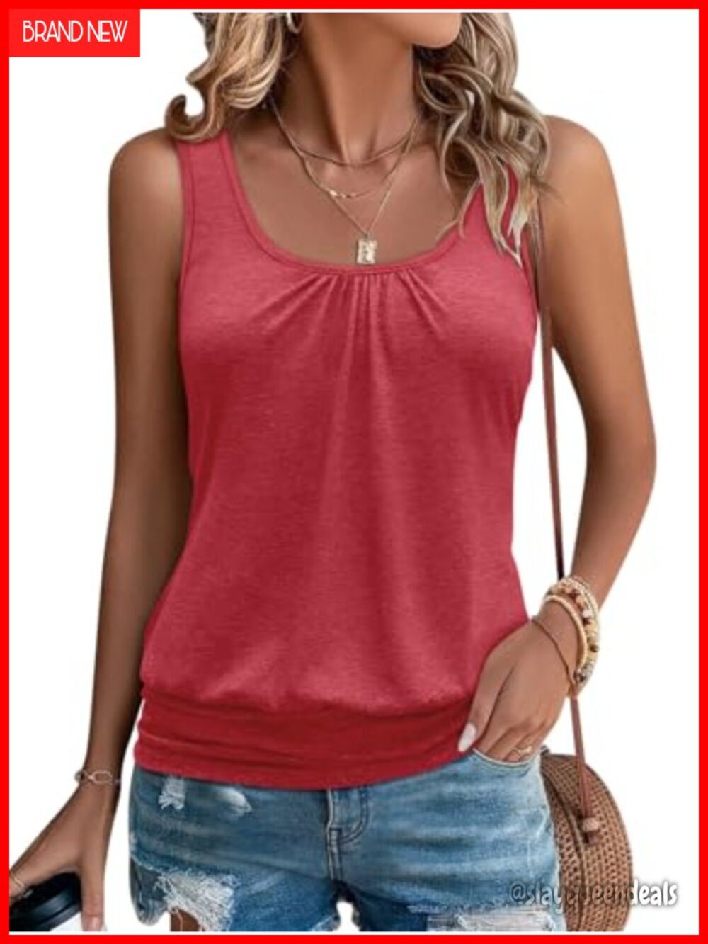 Women's Scoop Neck Ruched Front Tank Top with Banded Bottom Casual Summer